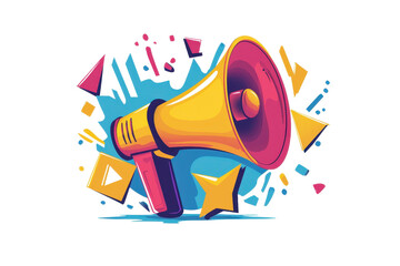 Vibrant digital illustration of a colorful megaphone surrounded by abstract shapes, symbolizing communication and announcement creativity.