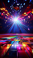 Dance floor and Hanging Disco Ball Nightclub Night Musical Celebration Party Dance Entertainment Stage Abstract Spotlight Backdrop
