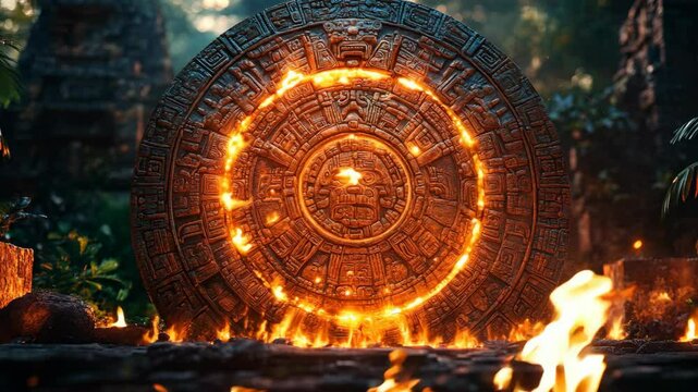 Enigmatic ancient Mayan calendar glowing with mystical flames in a jungle setting, 4k video