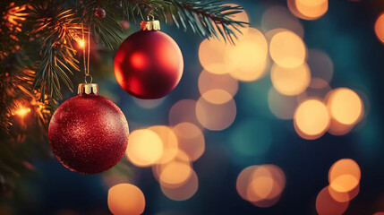 Obraz premium Red Christmas balls hanging gracefully on evergreen branches, complemented by a soft bokeh light effect, creating a warm holiday ambiance.