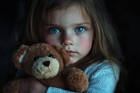 closeup of Cute little girl hugging a teddy bear Safe Toys and Gifts Month concept
