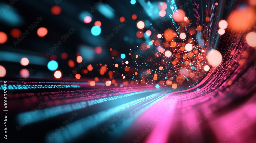Poster an abstract image of data flowing through a network, showcasing the digital world.