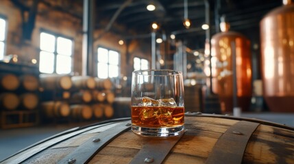 A glass of whiskey with ice sits atop a wooden barrel in a distillery, showcasing the rich ambiance of whiskey production.