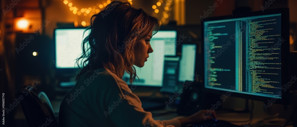 Poster a focused female programmer working late at night, surrounded by computer screens displaying code an