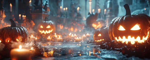 Spooky Halloween scene featuring glowing pumpkins, eerie candles, and a misty atmosphere, perfect for seasonal decorations.