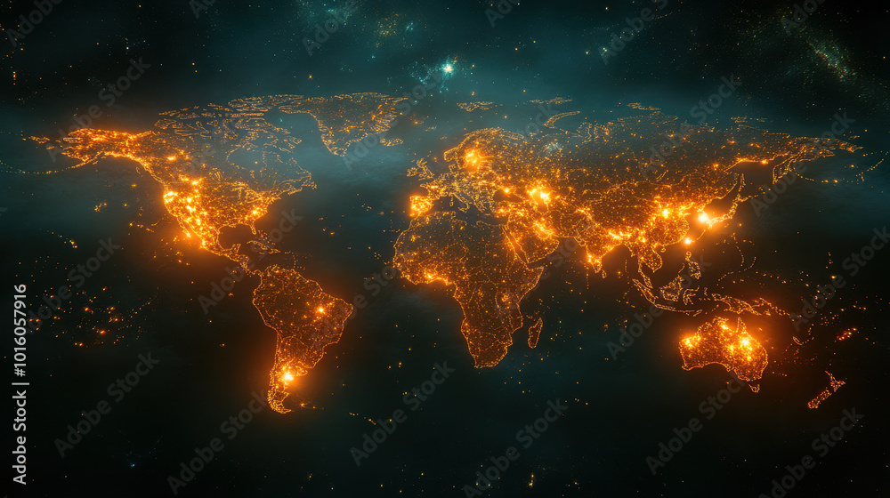 Poster illuminated world map with global network connections and data points displayed at night, highlighti
