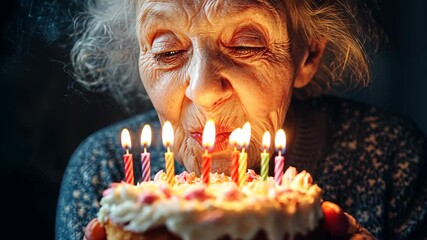 An elderly woman blows out the candles on a birthday cake