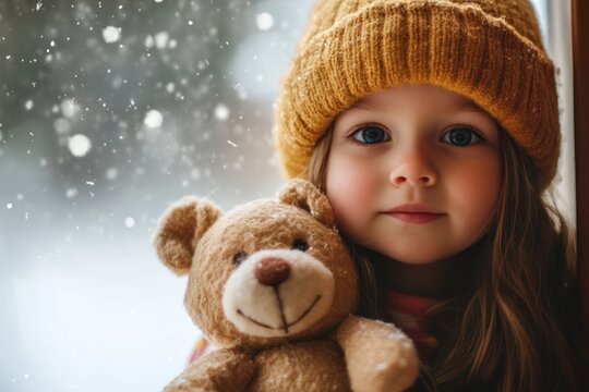 closeup portrait of Cute little girl hugging a teddy bear on winter day. Safe Toys and Gifts Month concept