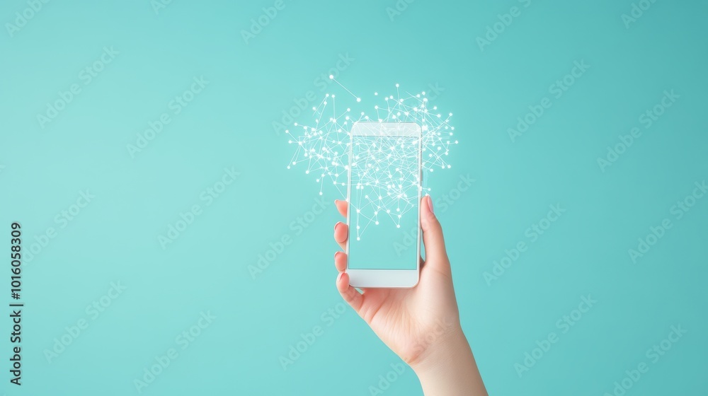 Poster a hand holding a smartphone, displaying a map with connected lines representing network coverage.