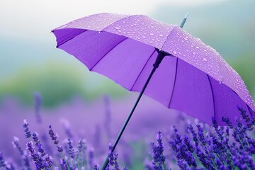 A purple umbrella standing tall in a field of lavender, bathed in soft light. Copy space for text.