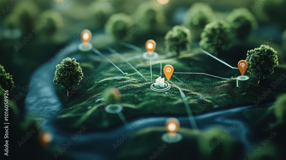 Poster a map with icons representing different locations, each connected to a central hub, demonstrating th