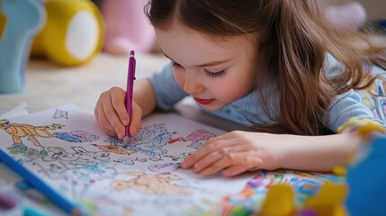 A child focuses intently on coloring a detailed drawing using vibrant markers on a cozy floor