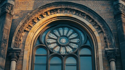 Fototapeta premium Architectural view of a historic building's arched window, intricate details highlighting its spiritual significance