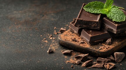 Delicious dark chocolate pieces with fresh mint leaves on dark background, perfect for dessert and confectionery visuals.