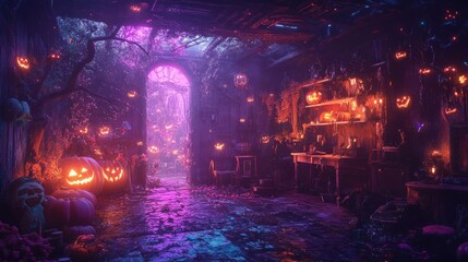 A mystical Halloween scene featuring glowing pumpkins, eerie lights, and a haunted atmosphere perfect for spooky themes.