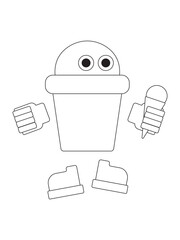 Big wafer ice cream with eyes, hands and feet eats small cone ice cream. Black and white colors, outline. Isolated on white background (backdrop). Vector illustration.