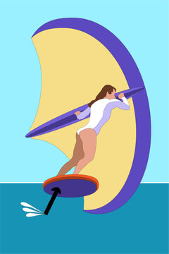 Young Sport Girl on Wing Foil surf in open ocean