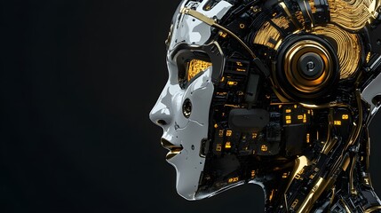 Fototapeta premium Cybernetic brain in cyborg face with golden paint on it, futuristic robotic head concept art of artificial intelligence network with copyspace, 3d render. 