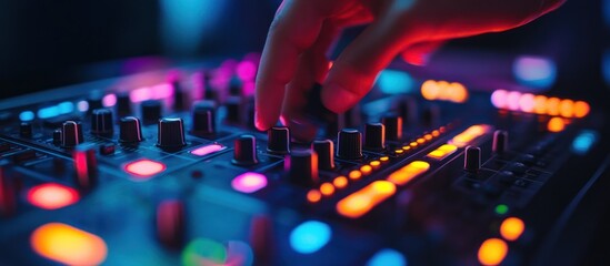 A hand adjusts knobs on a sound mixer, with colorful lights reflecting on the surface.