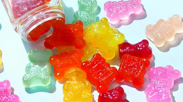 Colorful gummy bears spilling from a jar onto a white surface in vibrant sunlight, 4k video