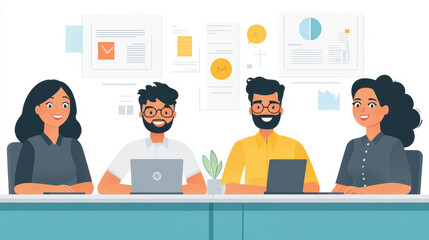 Optimistic workers brainstorming ideas at a meeting, A diverse team of professionals collaborating in a modern workspace with laptops and charts around them, embodying teamwork and creativity.