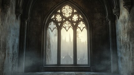 Fototapeta premium Gothic-style arched window of a spiritual structure, ornate detailing capturing a sense of history and spirituality