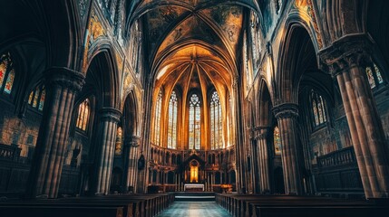 Obraz premium Historic spiritual building with tall, arched windows, ornate designs capturing a sense of reverence and tranquility