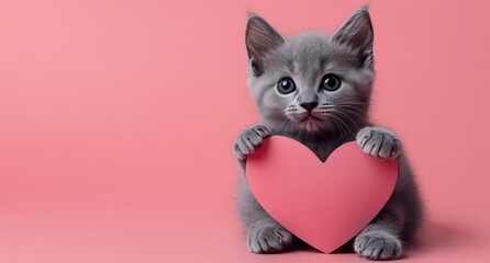 gray kitten crawls out of a heart on a pink background