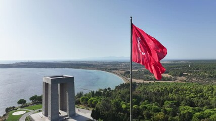 Turkish Flag (Turk Bayragi) and Canakkale Martyrs' Memorial Drone Video, Canakkale Martyrs' Cemetery Canakkal,e Türkiye (Turkey)