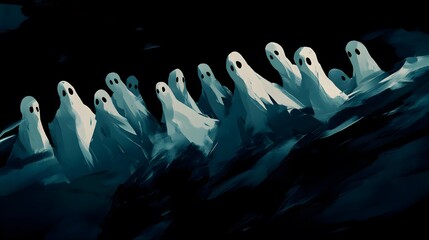 Eerie digital art of a ghostly gathering in a dark, atmospheric setting.