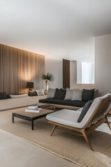 Modern minimalist living room with neutral tones and natural materials in a bright space
