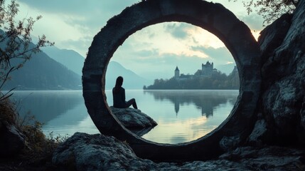 A tranquil scene of a woman sitting by a lake, framed by a circular stone in a serene landscape with mountains and water.