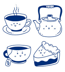 hand drawn cute doodle drink and cake