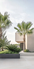 Fototapeta premium Stunning modern architecture with palm trees and lush greenery in a serene outdoor setting