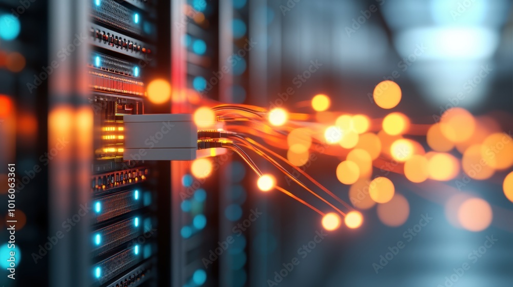 Poster a photo of a server room with rows of servers and network equipment, representing the core infrastru