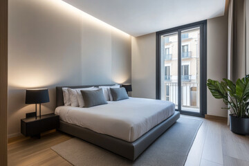 Modern, stylish bedroom with large windows and a plant, located in a contemporary apartment