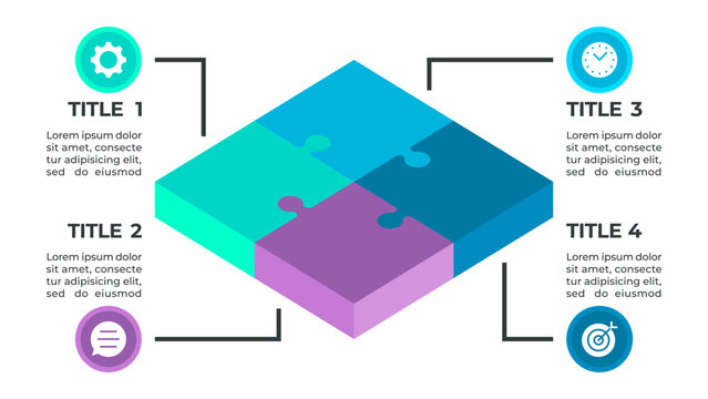 Infographic illustrating a four-step process represented by four puzzle pieces arranged in a 3D diamond shape - Powered by Adobe