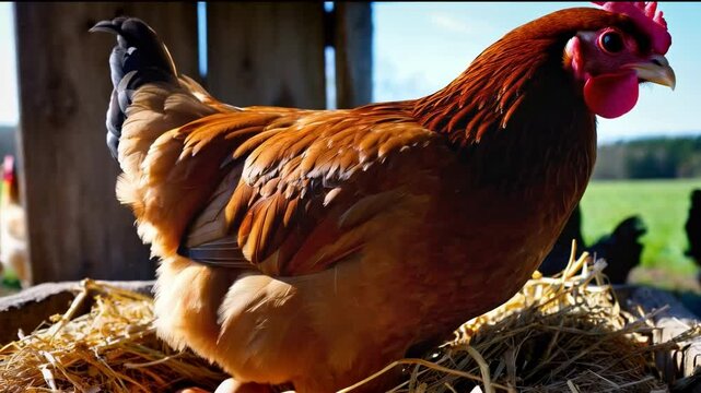 chicken or hen lay eggs in the rural farm