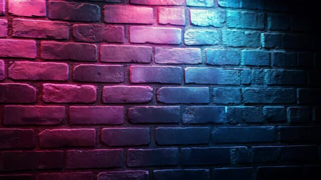 Vibrant pink and blue lighting on textured brick wall creates abstract urban background, 4k video