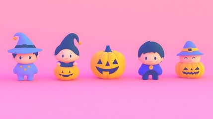Obraz premium Colorful Halloween-themed characters with pumpkins against a pink background.