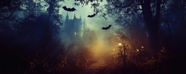 A hauntingly beautiful scene of bats in a misty forest with an eerie castle in the background, perfect for Halloween themes.