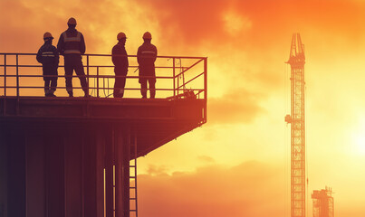 Silhouette of Construction Workers on a High Rise Building.