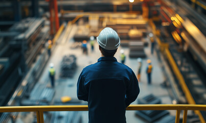Back view of construction engineer in standard safety looking at the building in the construction site