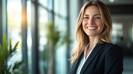 Fototapeta premium Happy smiling professional business woman standing and looking at camera in office