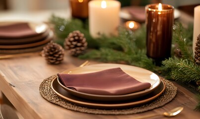 A holiday table set with Salted Caramel-colored napkins, Generative AI 