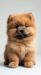 Fototapeta premium Fluffy brown puppy posing while looking at camera on white background