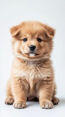 Fototapeta premium Fluffy brown puppy posing while looking at camera on white background