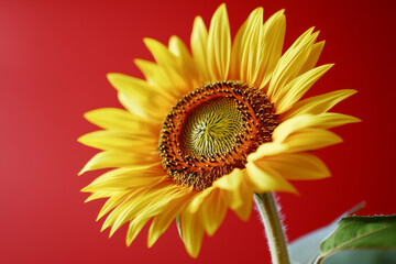 Fototapeta premium A vibrant sunflower with bright yellow petals against a red background, showcasing its intricate center and natural beauty.