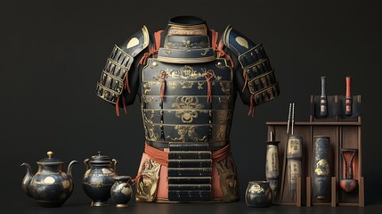 Traditional Japanese Samurai Armor and Weapons Display.