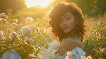 Beautiful woman in a floral field during golden hour. The soft light and flowers create a serene, enchanting atmosphere.